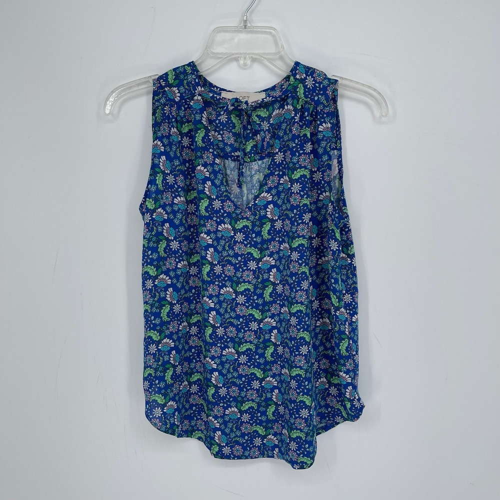 LOFT Women's Blue Floral Tie V-Neck Relaxed Sleeveless Blouse Boho Tank Size XS